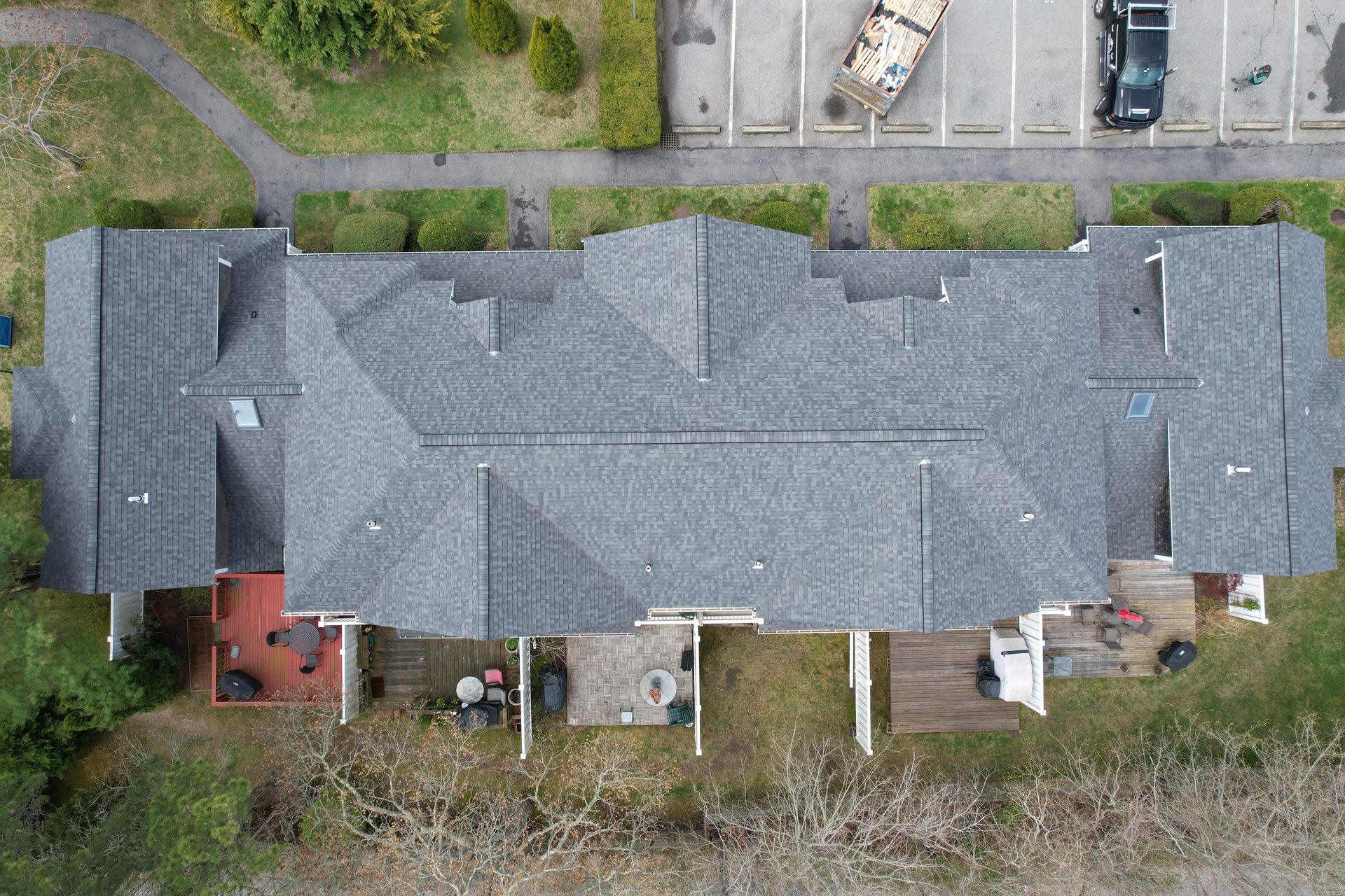 Long townhouse complex top-down — HyTech Roofing, Cape Cod
